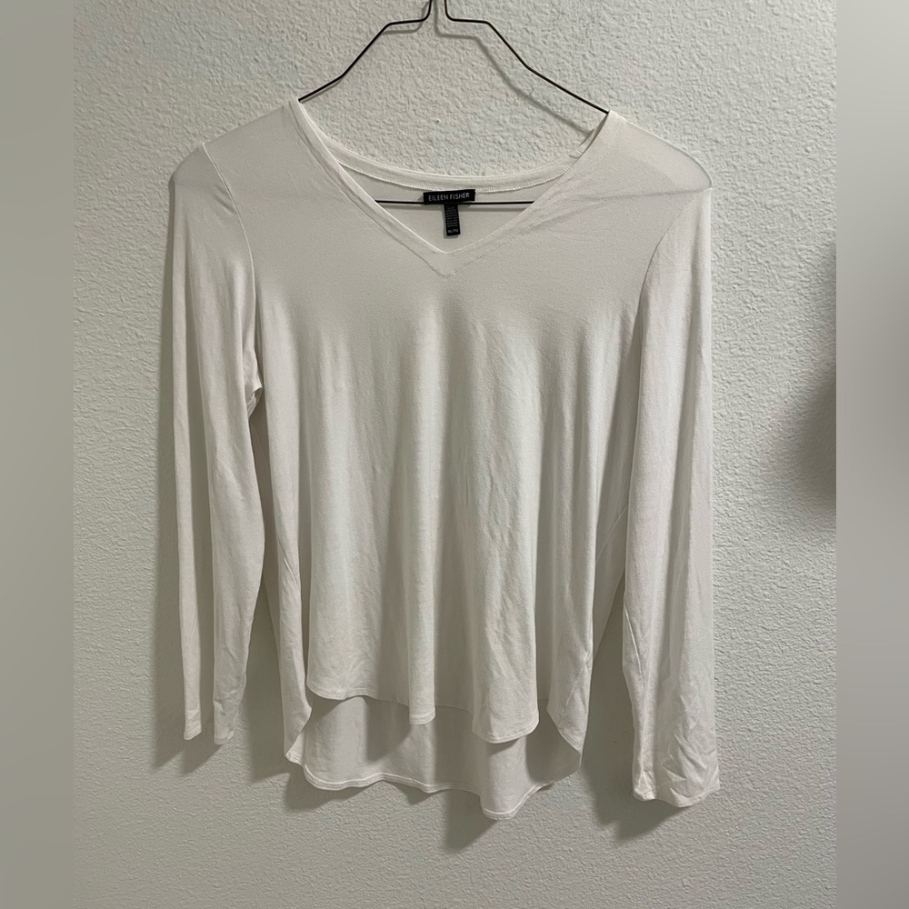 Eileen Fisher Elegant Signature Jersey Knit Viscose White V-Neck Women's Top
